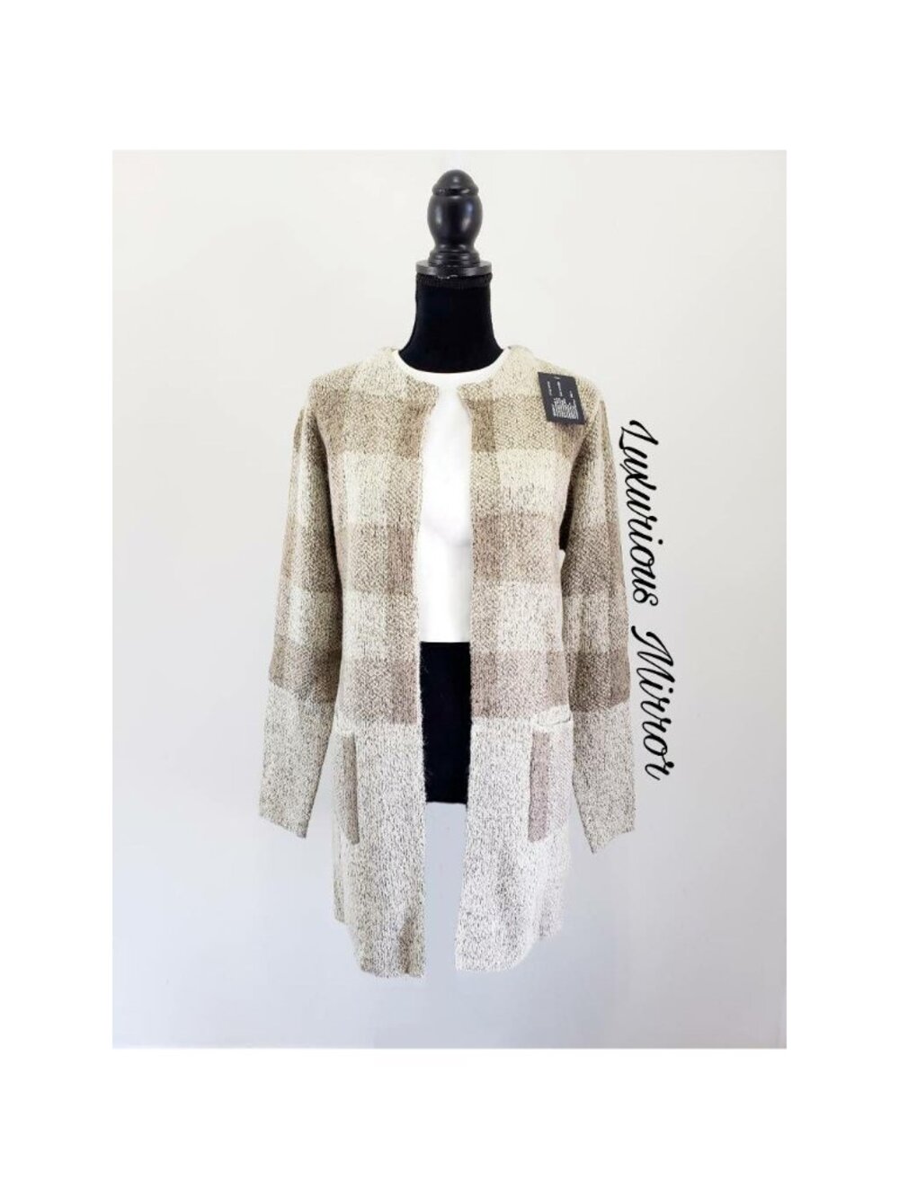 Yaira Cardigan Sweater Beige Open Front Buffalo Plaid Pockets Womens Sz M New